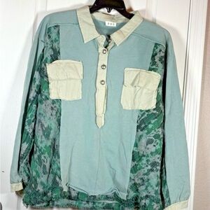 POL French Terry Top w/Contrasting Color & Plaid Details in Teal Sage Green NWT